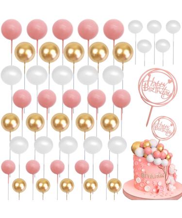46 Pcs Happy Birthday Cake Topper Decorations Pink and Gold Ball Cake Decorations Mini Foam Balls Cupcake Toppers for Women DIY Baby Shower Birthday Wedding Anniversary Party Decor Pink Glod White
