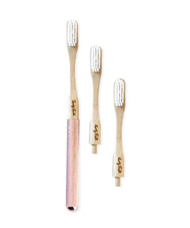 Lucky Teeth Replaceable Bamboo Toothbrush Aluminum Handle - with 3 Heads -Soft Bristles (Copper White BRISTLES)