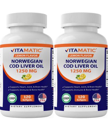 2 Pack - Vitamatic Norwegian Cod Liver Oil 1250mg Total 240 Softgels (Lemon Flavor) - Promotes Cardiovascular Health - Buy Online on GoSupps.com