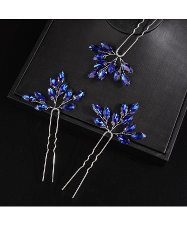 JWICOS Bridal Wedding Crystal Hair Pins Bride Hair Pieces Wedding Hair Accessories for Women and Girls Pack of 3 (Blue silver)