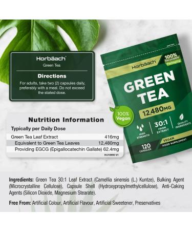 Green Tea Capsules 12480mg - High Strength Extract - 120 Powder Capsules - Vegan & Vegetarian by Horbaach - Buy Online on GoSupps.com