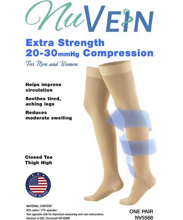 NuVein 20-30 mmHg Compression Stockings | Thigh Length | Closed Toe | Beige - Large | Women & Men | 1 Pair - Buy Online on GoSupps.com