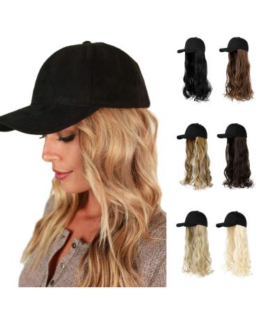 AynnQueen Baseball Cap with Hair Extensions for Women Adjustable Hat with Synthetic Wig Attached 24inch Long Wavy Hair Black Baseball Cap(Ash Blonde Mix Bleach Blonde) Ash Blonde Mix Bleach Blonde-L