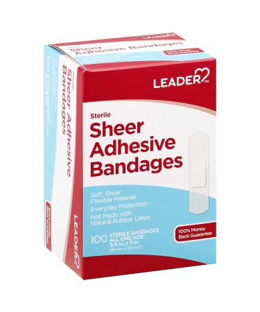Leader Sterile Sheer Adhesive Bandages Latex Free Blends with Skin Helps Prevent Infection Comfortable Protection for First Aid and Wound Care Compare to Band-Aid All One Size 3/4 x 3 100 ct. 3/4 x 3 100 Count