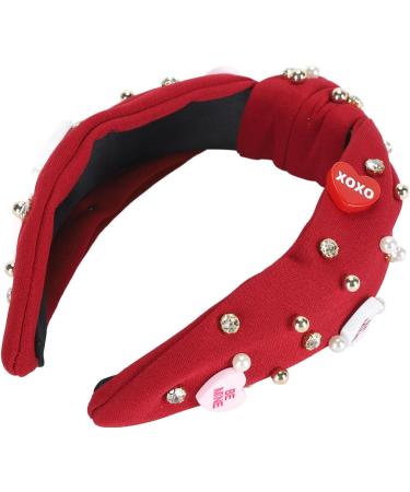 Rhinestone Headband for Women Elegant Jeweled Top Knot Hairband for Valentine Day with Heart Decoration (Dark Red) - Buy Online on GoSupps.com