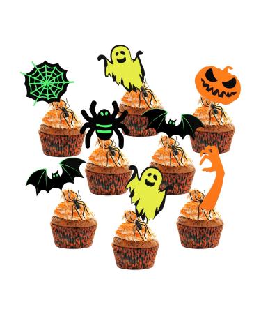 36pcs Halloween Cupcake Toppers Halloween Cupcake Decorations Bat Ghost Spider Pumpkin Scary Halloween Cupcake Picks Cake Toppers Halloween Themed Party Supplies