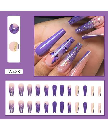 24Pcs Long Coffin Purple Butterfly Design Acrylic Press On Nails - Full Cover Gradient False Nails for Women and Girls - Buy Online on GoSupps.com