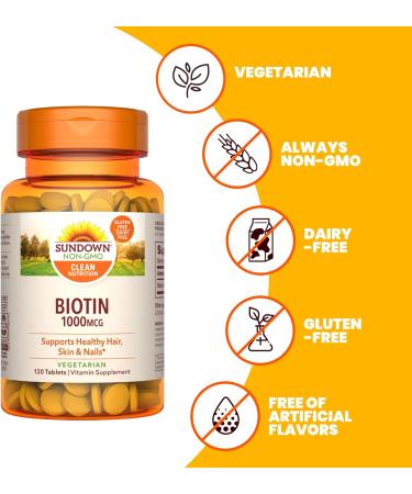 Sundown Biotin 1000mcg - 120 Tablets (Pack of 3) for Healthy Hair, Skin and Nails - Buy Online on GoSupps.com