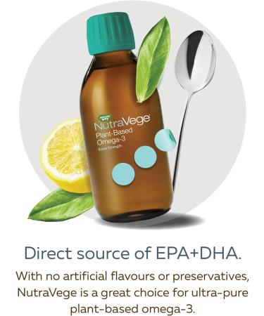 Nature's Way NutraVege Plant-based Omega 3 Supplement Extra Strength Formula Vegetarian EPA + DHA from Algal Oil Vegan Lemon Flavour 200 mL Liquid - Buy Online on GoSupps.com