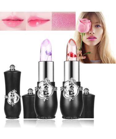 Witcrskm Color Changing Lipstick For Women 2Pcs  Magic Crystal Flower Jelly Lip Balm Makeup Set  Long Lasting Nutritious Lip Balm Lipsticks Moisturizer PH Clear Temperature Lip Gloss RED+PURPLE