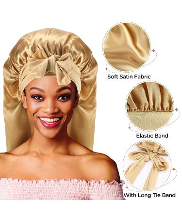 2PCS Long Satin Braids Bonnets - Gold Black Silk Adjustable Sleep Cap for Women - Large Size for Long Curly Hair - Buy Online on GoSupps.com
