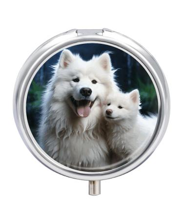 Pill Box Pill Case 3 Compartment Travel Pill Box White Dog Printing Small Pill Box Portable Medicine Pill Case Pill Organizer for Purse & Pocket for Travel Handbag (Round)