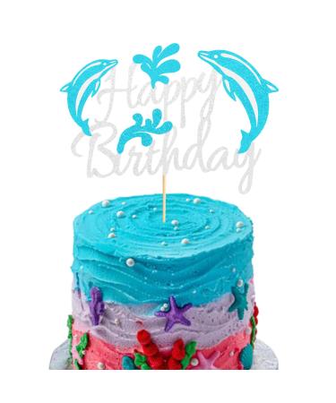Arthsdite 1Pc Dolphin Happy Birthday Cake Topper Dolphin Marine Theme Boy Girl Child Birthday Party Cake Decoration - Blue Silver Glitter Dolphin Cake Topper