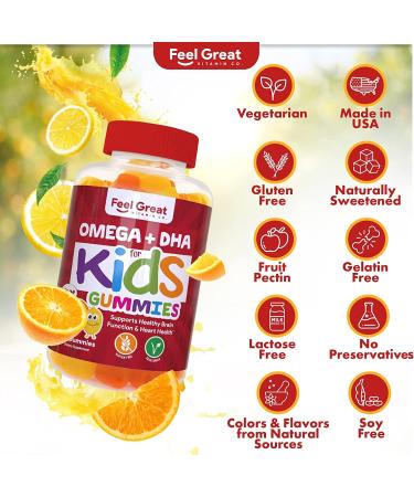 Feel Great Vitamin Co. Kids DHA Gummies with Omega 3 6 9 + DHA & Vitamin C | Brain Vision & Heart Health Support | 60 Gummies - Gluten-Free Vegetarian & Non-GMO - Buy Online on GoSupps.com