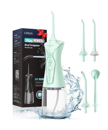 COSLUS Water Dental Flosser Portable Oral Irrigator 300ML 4 Modes Rechargeable Tooth Flosser for Teeth Braces Waterproof Irrigation Cleaner with 4 Jet Tips for Travel Home Cleaning (Green)