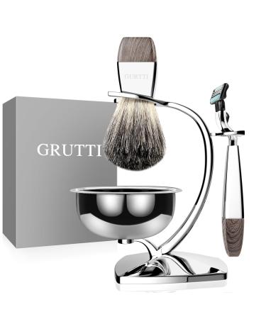 Grutti Razor set razor plane stand with shaving bowl and roof hair shaving brush and razor compatible with Mach 3 deluxe razor and brush holder made of chrome - wood set - Buy Online on GoSupps.com