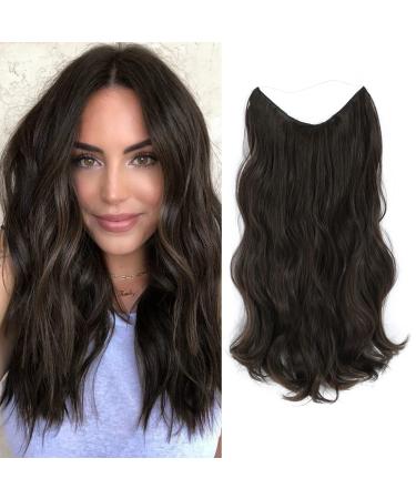One piece Invisible Wire Hair Extensions Clip in Natural Wavy Synthetic Hair Extension with Transparent Wire Adjustable Size 2 Secure Clips Headband Long Curly Secret Hair Pieces for Women Dark Brown 16inch Dark Brown