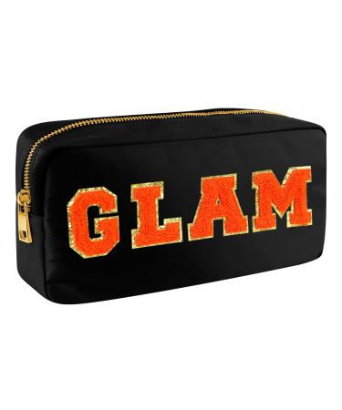 Nylon Waterproof Glam Makeup Bag-Women Chenille Letter Portable Travel Organizer Pouches for Toiletries and Valentines Day Gift Cosmetics Storage Bag with Patches (Black-Glam)