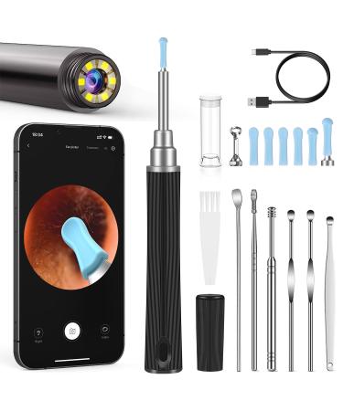 Ear Wax Removal Earwax Remover Tool with 6 Pcs Ear Set Ear Cleaner with Camera Earwax Removal Kit with Light Ear Camera with 6 Ear Spoon Ear Cleaner for iOS Android-Black