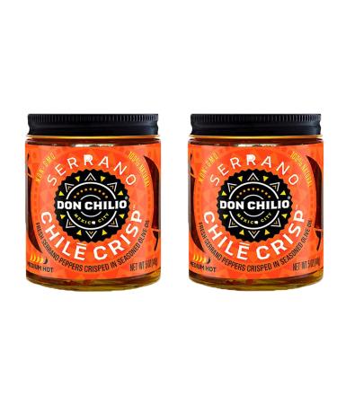 Don Chilio Chile Crisp Crunchy Sliced Serrano Fried Chili Peppers in Hot Seasoned Oil Medium Heat - 0 Carb Keto - Use as Topping Sauce Condiment Salsa Alternative (5oz Jar Pack of 2)