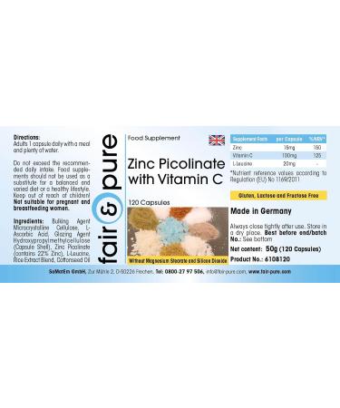 Fair & Pure - Zinc Picolinate + Vitamin C - 15mg Zinc & 100mg Vitamin C per daily dose - vegan - 120 capsules - Buy Online on GoSupps.com