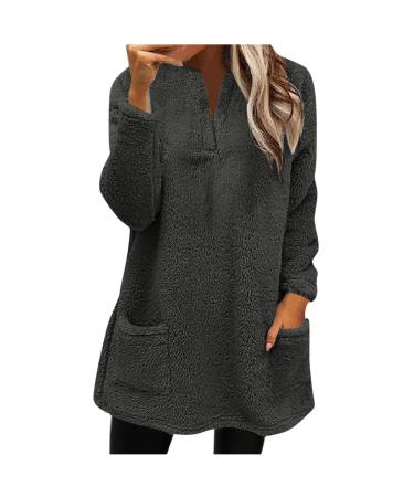 AMhomely Ladies Womens Soft Teddy Fleece Hooded Jumper Plus Size Double Fleece Casual Hoodies With Pocket V Neck Soft Fleece Hooded Sweatshirts Plain Pullover Tops Winter Lightweight Lounge Tops 02 Dark Grey 3XL