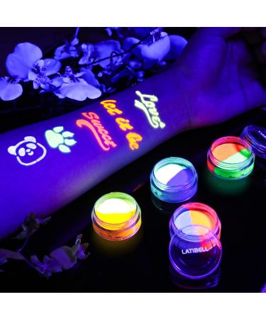 LATIBELL Water Activated UV Face Body Paint Set with 1 Makeup Brush  Black Light Reactive Neon Fluorescent Face & Body Paint Makeup Kit for UV Party Halloween  Water Activated Eyeliner - 12 Colors