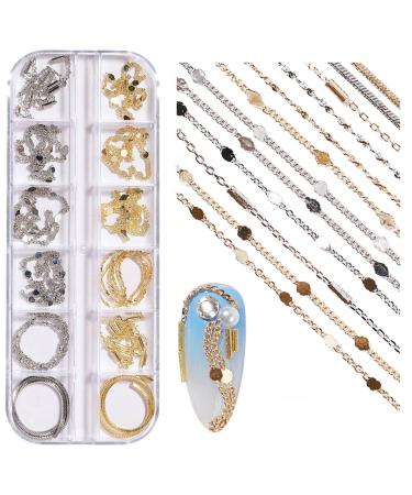 NICENEEDED 12 Strips Metal Nail Art Chains Nail Jewelry Chains with Box Alloy Nail Chains Punk Nail Charms Nail Ornaments Nail Jewels Nail Art Studs for Manicure Decoration