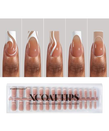 BTArtbox XCOATTIPS French Tip Nails - 5 Styles Long Square Press on Nails Pre-Designed Swirl Nail Tips Ultra Fit Soft Gel Nails False Nails Soak Off Acrylic Fake Nails Extensions for Nail Art DIY B- Long Square