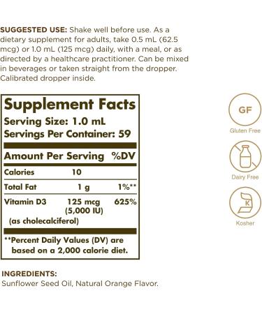 Solgar Liquid Vitamin D3 125 mcg (5,000 IU) - 2 fl oz | Natural Orange Flavor | Supports Bone Health & Immune System - 59 Servings - Buy Online on GoSupps.com