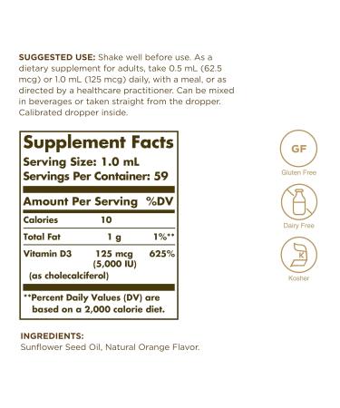 Solgar Liquid Vitamin D3 125 mcg (5,000 IU) 2 fl oz x2 Pack - Natural Orange Flavor - Bone & Teeth Health, Immune Support - 118 Servings - Buy Online on GoSupps.com