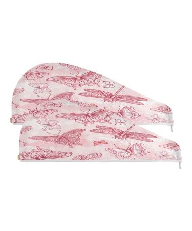 Pink Butterflies Dry Hair Cap 2 Piece Quick Drying Towel Set with Button Headband Super Absorbent Soft & Comfortable
