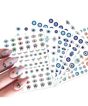 Evil Eye Nail Art Stickers Decals, 3D Self-Adhesive Witch Nail Art Supplies Pegatinas para Uñas Khamsah Polka Dot Hand of Fatima Nail Design for Women Girls Nail Decorations 6 Sheets G Eyes