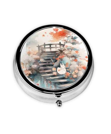 Maple Leafs and Stacks Portable Metal Pill Box Round Mini 3-Compartment Plastic Insert hinged Fastening Design Suitable for Small Pills Must-Have for Travel Black