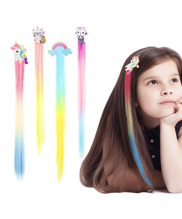 Hifot 4PCs hair extension clips smooth hair unicorn mermaid rainbow cat girls hair accessories colorful hair parts synthesis party