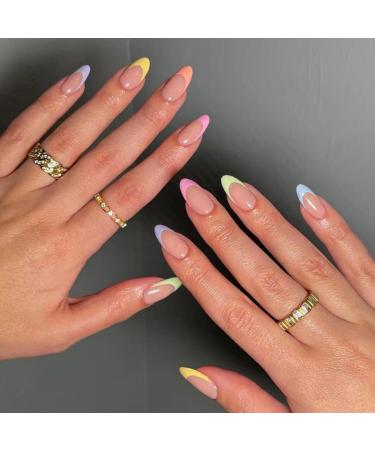 JUSTOTRY 24 Pcs Multicoloured Almond Short False Nails Rainbow French Press on Nails Pattern Glossy Fake Nails Short with Nail Glue Oval Medium Stick on Nails for Women and Teens Nails Art iridescent& french 2