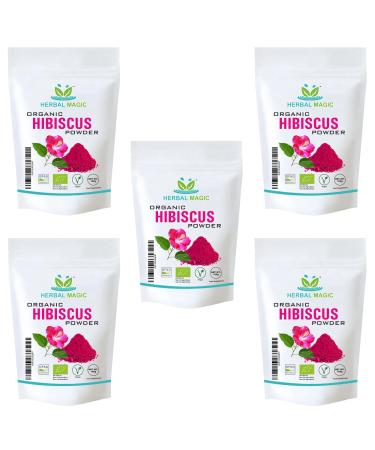 Herbal Magic's Organic Pink Hibiscus Powder - Whole Flower - Natural Face Skin Hair Mask Sparkle your smoothies shakes baking -OF&G UK Organic Certified- Pack 5 1 count (Pack of 5)
