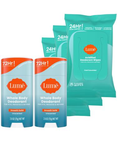 Lume Whole Body Deodorant - 2-Pack Smooth Solid Stick (Unscented) and Acidified Deodorant Wipes (Cool Cucumber) - Aluminum Free Baking Soda Free and Skin Safe