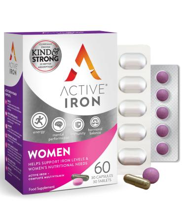 Active Iron Women with Active Multivitamin | 30 Iron Capsules & 30 Active Multivitamins | Iron Supplement | High Strength B Vitamins | Non-Constipating | 1-Month Supply
