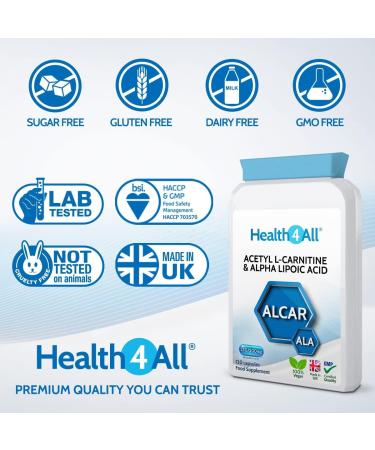 Acetyl L-Carnitine 250mg & Alpha Lipoic Acid 200mg 120 Capsules - Vegan ALCAR ALA Supplement | Health4All Made in UK - 120 Count - Buy Online on GoSupps.com