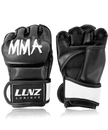 Luniquz MMA Gloves for Kids Adults Punching Bag Boxing Sparring Grappling, Half Finger with Thick Padding Long Wrist Wrap Black Small