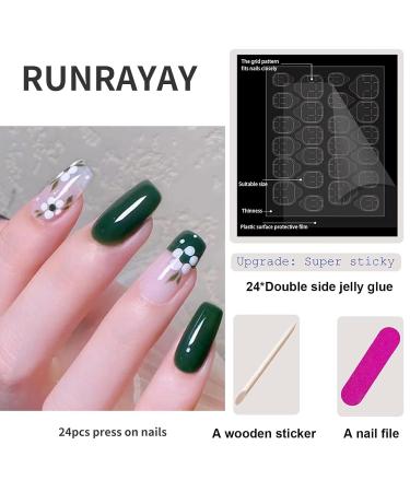 RUNRAYAY Green Medium Press On Nails with Flower | Acrylic Fake Nails for Women & Girls - Perfect for Any Occasion! - Buy Online on GoSupps.com