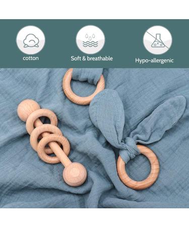 Baby Lovey Wood Rattle Teether Ring Set - Navy Blue Cotton Double Gauze 3 Pack | Montessori Gender Neutral Baby Shower Gift - Buy Online on GoSupps.com