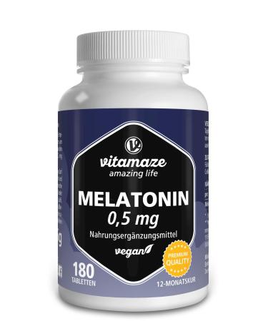 Melatonin high dose 180 vegan tablets for 12 months 0.5 mg melatonin per daily dose without unwanted additives made in Germany
