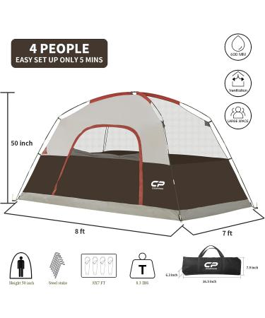 CAMPROS CP 4 Person Camping Tent | Waterproof, Windproof Family Dome Tent with Rainfly | Large Mesh Windows, Wider Door | Easy Setup, Portable with Carry Bag - Brown - Buy Online on GoSupps.com