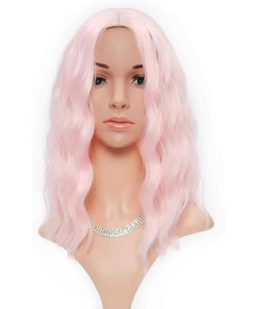 FAELBATY 14 Inch Pink Cosplay Loose Wave Wig - Short Curly Wavy Synthetic Costume Wig for Women - Pastel Pink - Buy Online on GoSupps.com