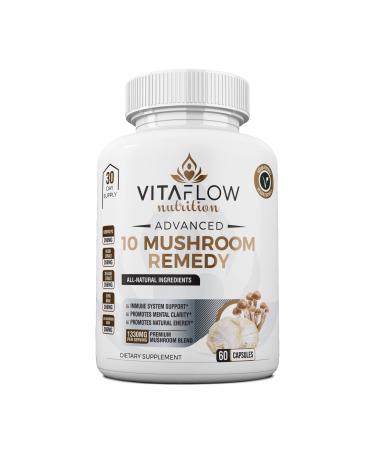 VITAFLOW Nutrition Premium Supplements 10 Mushroom Remedy-60 Capsules- w/Pure Lion's Mane Reishi Shiitake Maitake Turkey Tail Cordyceps & Chaga Extract Powder- Brain Boosting Immune Superfood Support