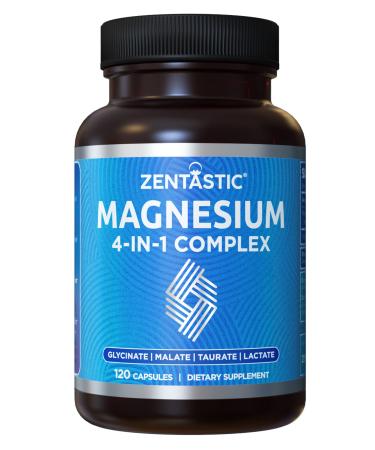 Zentastic 4-in-1 Magnesium Complex - Chelated Magnesium Glycinate  Malate  Taurate & Lactate - High Absorption for Healthy Muscles  Heart  Bones - Magnesium Supplement - 120 Magnesium Capsules 120 Count (Pack of 1)