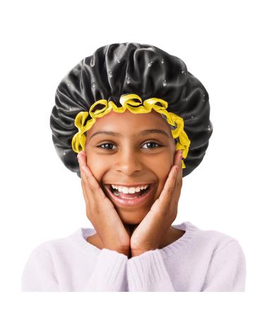 mikimini Black Small Shower Cap for Child 1 Pack Double Layers Waterproof Bathing Hair Cap with Reusable Soft Comfortable PEVA Lining Cute non-fading & Stretchy Shower Hat Small (Pack of 1) Black+Yellow