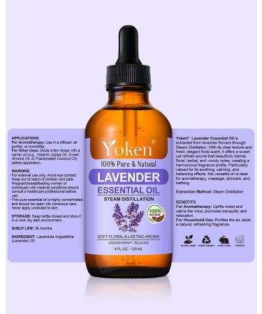 Yoken Lavender Essential Oil 4 Fl Oz 100% Pure and Natural Premium Grade Lavender Oils with Glass Dropper for Diffusers Aromatherapy Candle & Soap Making Massage - Buy Online on GoSupps.com